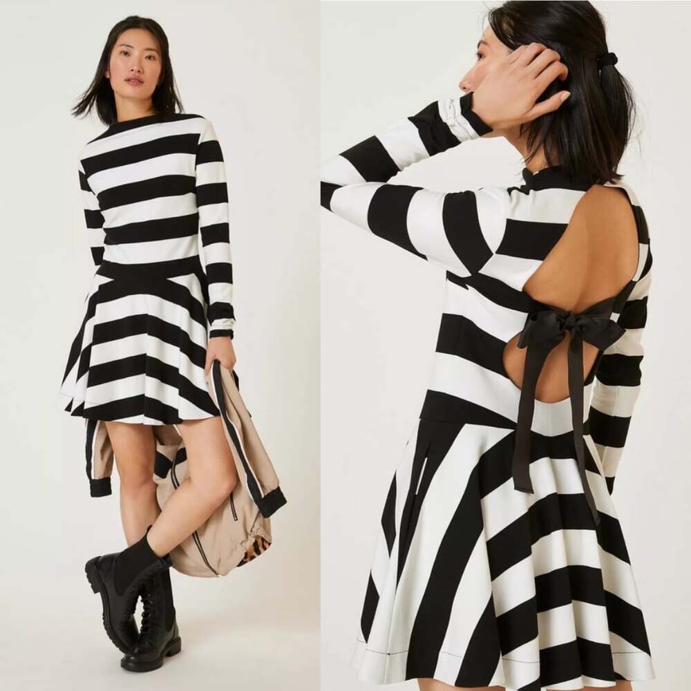 Anthropologie Maeve Knit Mock-Neck Mini Dress XXS Black White Stripes